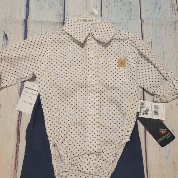 American Hawk 2 piece Polka Dot Baby Boy Bodysuit with Navy Pants 6 To 9 Mths - Picture 2 of 8